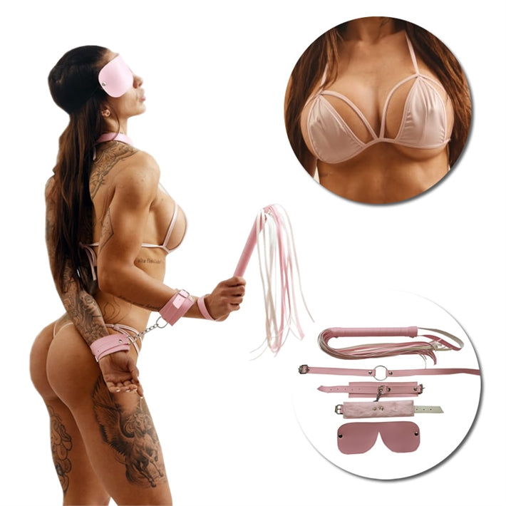 Kit de ecocuero  con antifaz, mordaza, esposas, latigo y conjunto de vinilo