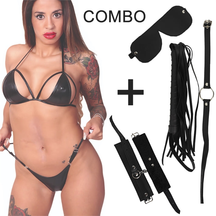 Kit de ecocuero  con antifaz, mordaza, esposas, latigo y conjunto de vinilo