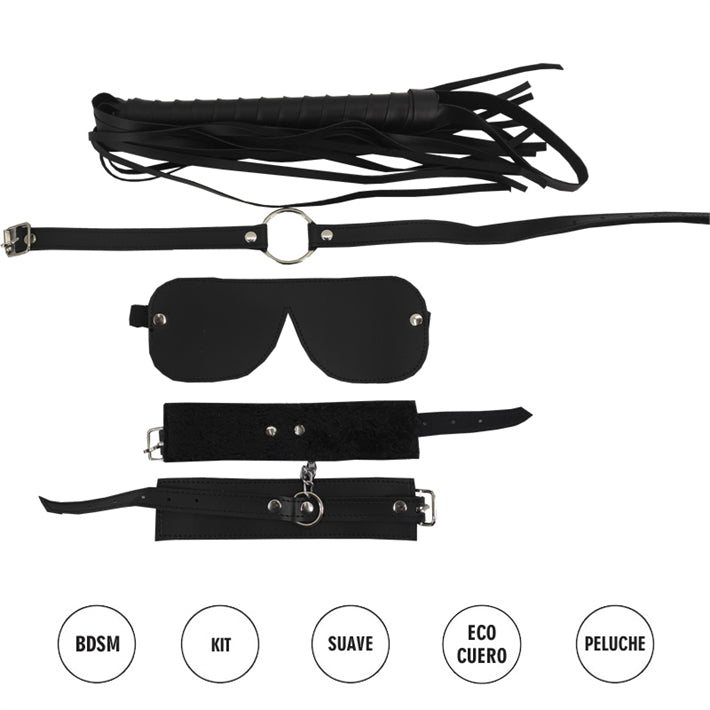 Kit ecocuero con antifaz, mordaza, esposas y latigo